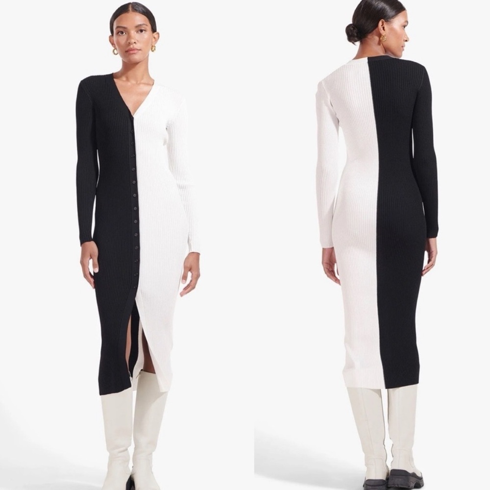 STAUD Shoko Ribbed Color Block Sweater Dress black and white SIZE XS 1467